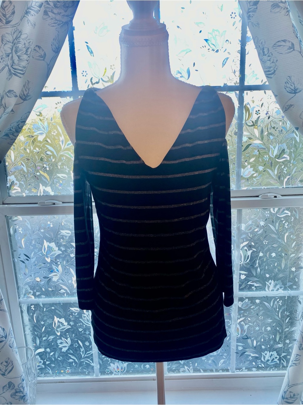 White House Black Market Black Striped Top with Metallic Accents